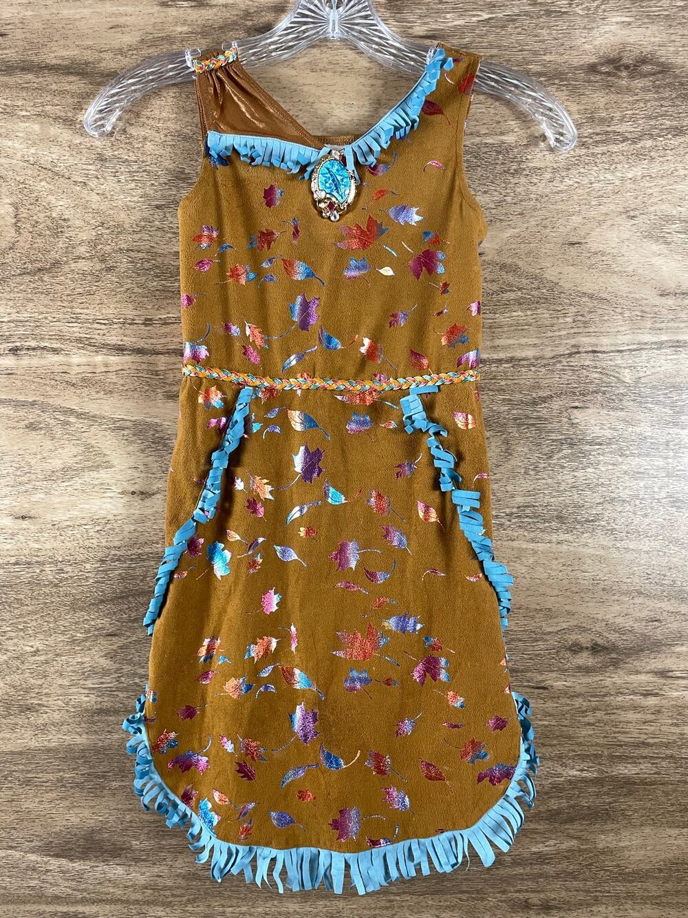 Disney Pocahontas Costume Dress Girls Size 5/6 Fringed Leaf Print Sparkle Gem